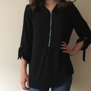 Black sheet half zip up blouse